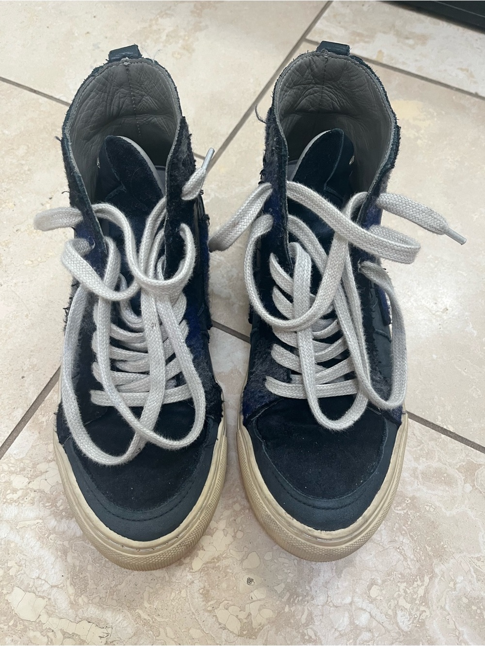 Modern Vintage Navy Blue High-Top Sneakers with White Laces